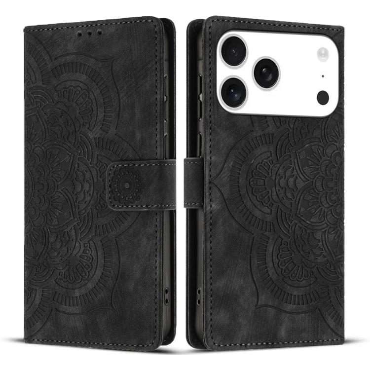 For iPhone 17 Pro Mandala Embossed Retro Frosted Leather Phone Case(Black)