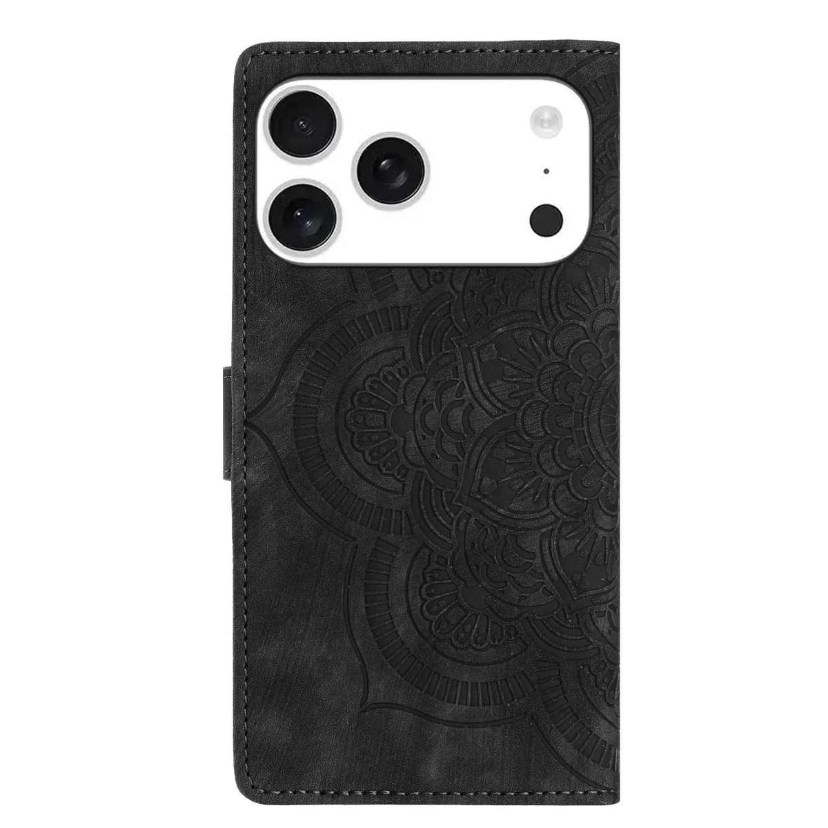 For iPhone 17 Pro Mandala Embossed Retro Frosted Leather Phone Case(Black)