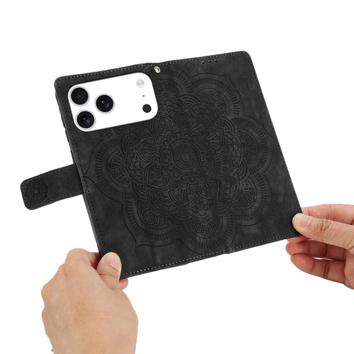 For iPhone 17 Pro Mandala Embossed Retro Frosted Leather Phone Case(Black)