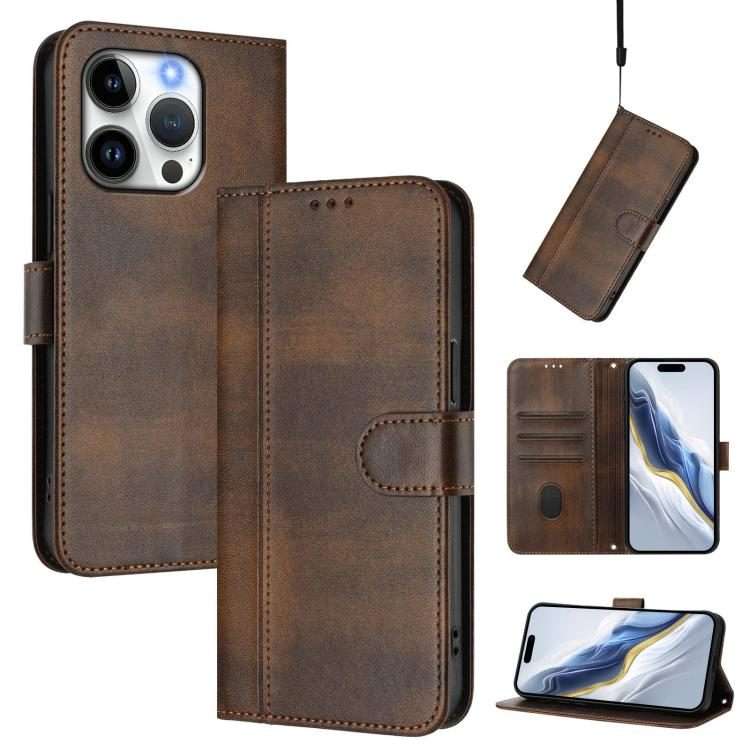 For iPhone 15 Pro Max Line Splicing Buckle Retro Leather Phone Case(Brown)