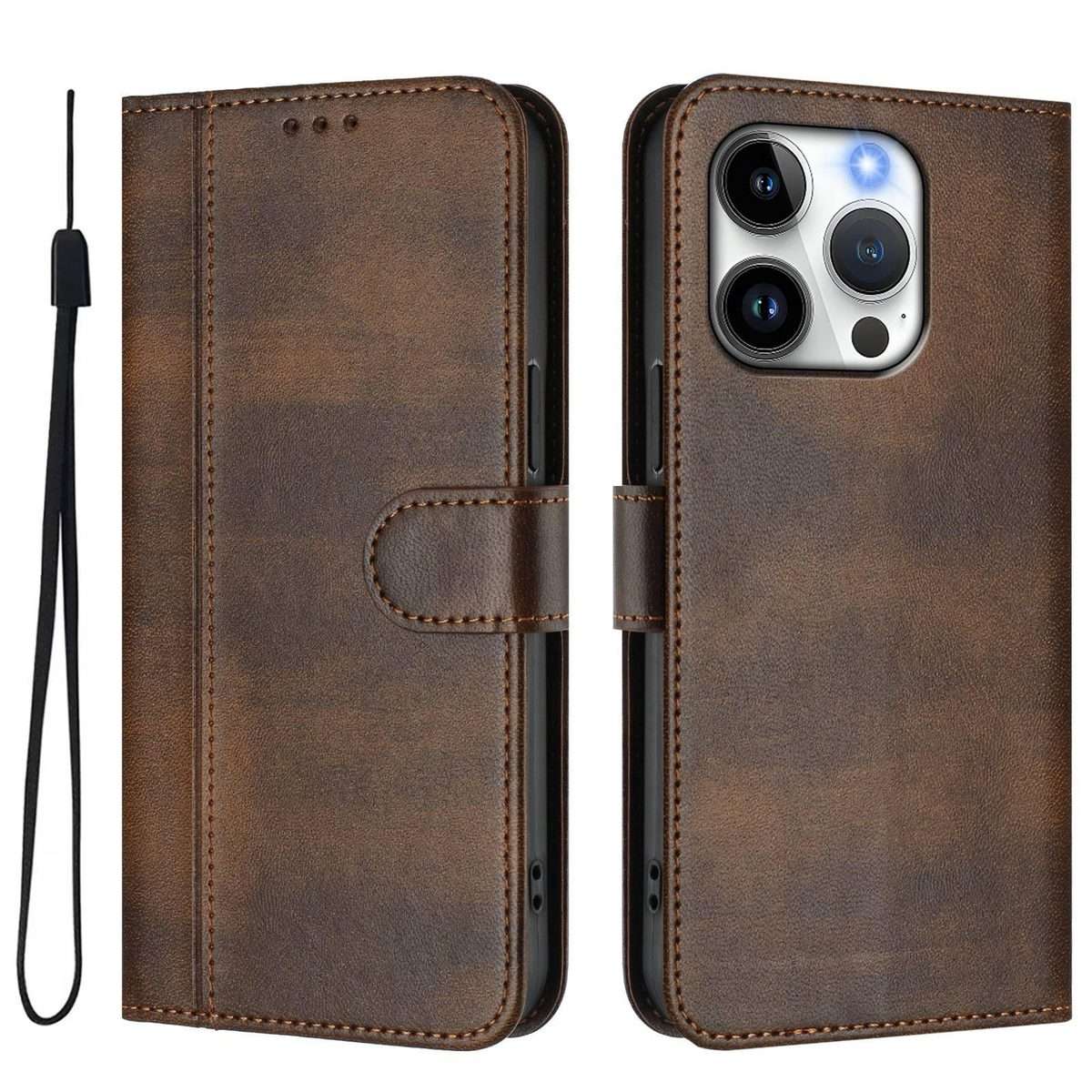 For iPhone 15 Pro Max Line Splicing Buckle Retro Leather Phone Case(Brown)