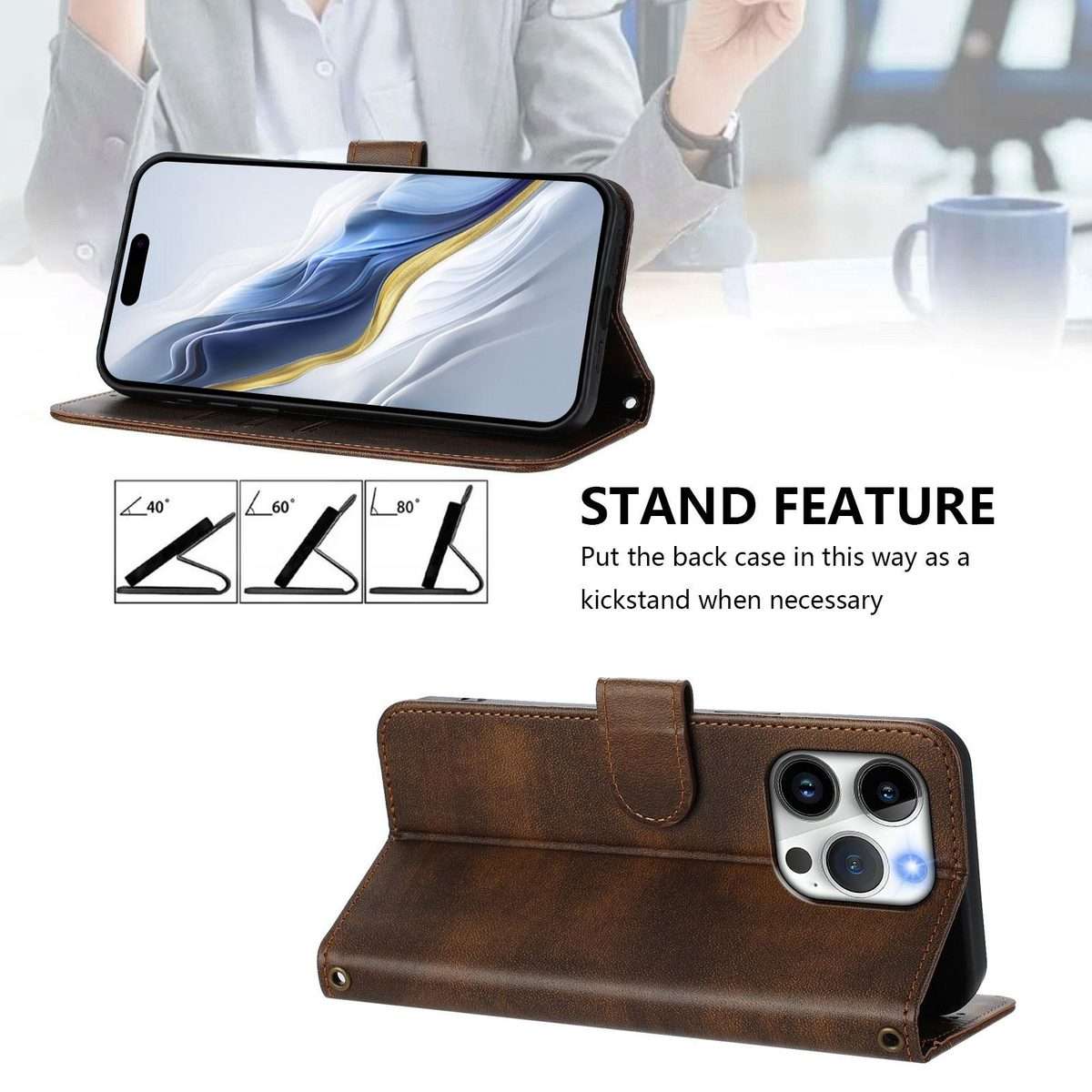 For iPhone 15 Pro Max Line Splicing Buckle Retro Leather Phone Case(Brown)