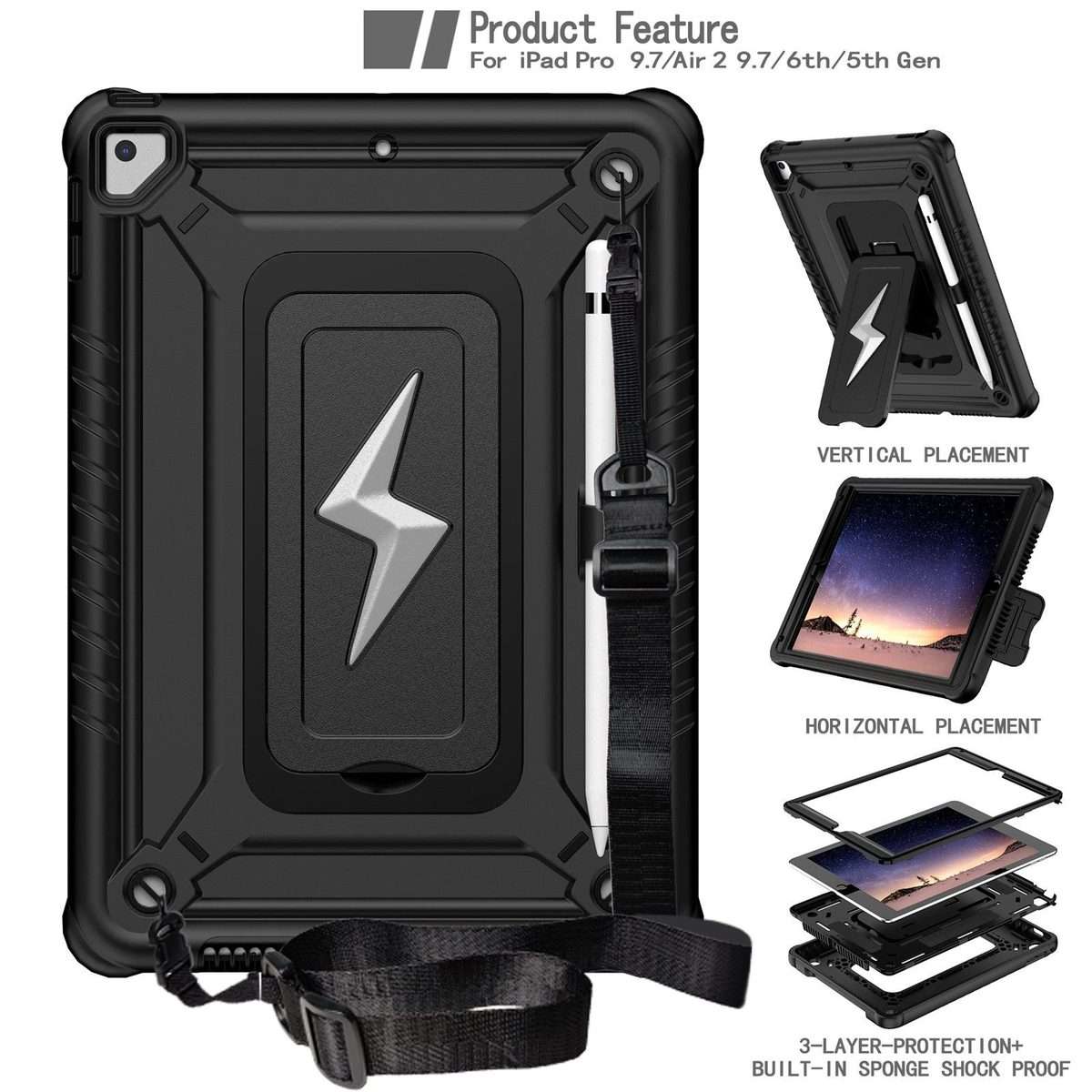 For iPad 9.7 2018 / Air / Air 2 Armor Bolt Shape Holder Silicone Hybrid PC Tablet Case(Black)
