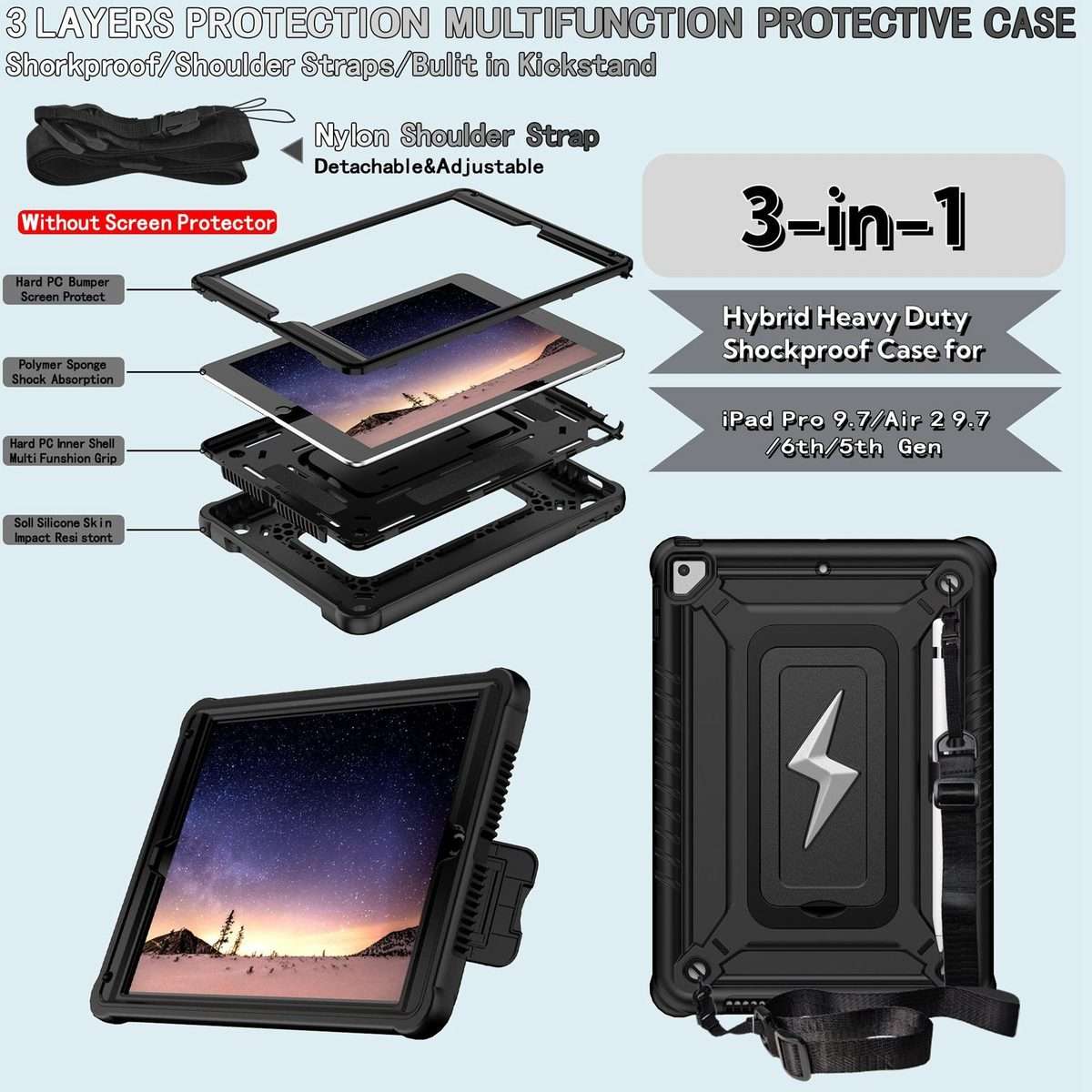 For iPad 9.7 2018 / Air / Air 2 Armor Bolt Shape Holder Silicone Hybrid PC Tablet Case(Black)