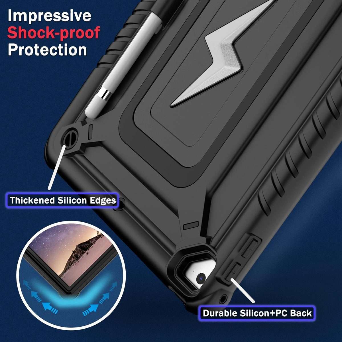 For iPad 9.7 2018 / Air / Air 2 Armor Bolt Shape Holder Silicone Hybrid PC Tablet Case(Black)
