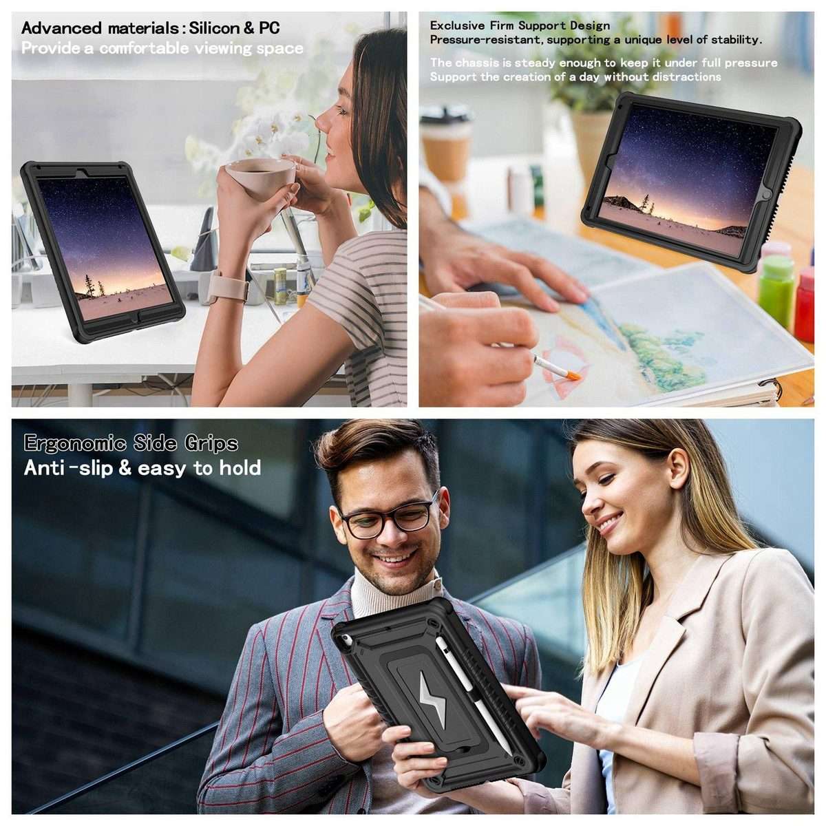 For iPad 9.7 2018 / Air / Air 2 Armor Bolt Shape Holder Silicone Hybrid PC Tablet Case(Black)