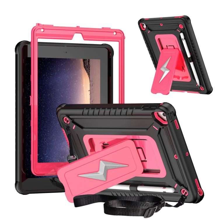 For iPad 9.7 2018 / Air / Air 2 Armor Bolt Shape Holder Silicone Hybrid PC Ta ... (Black Rose Red)
