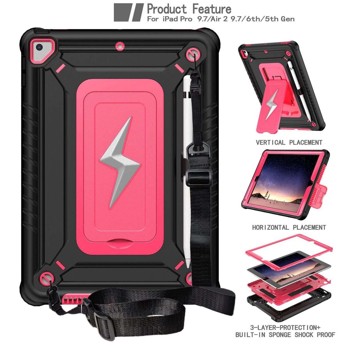 For iPad 9.7 2018 / Air / Air 2 Armor Bolt Shape Holder Silicone Hybrid PC Ta ... (Black Rose Red)