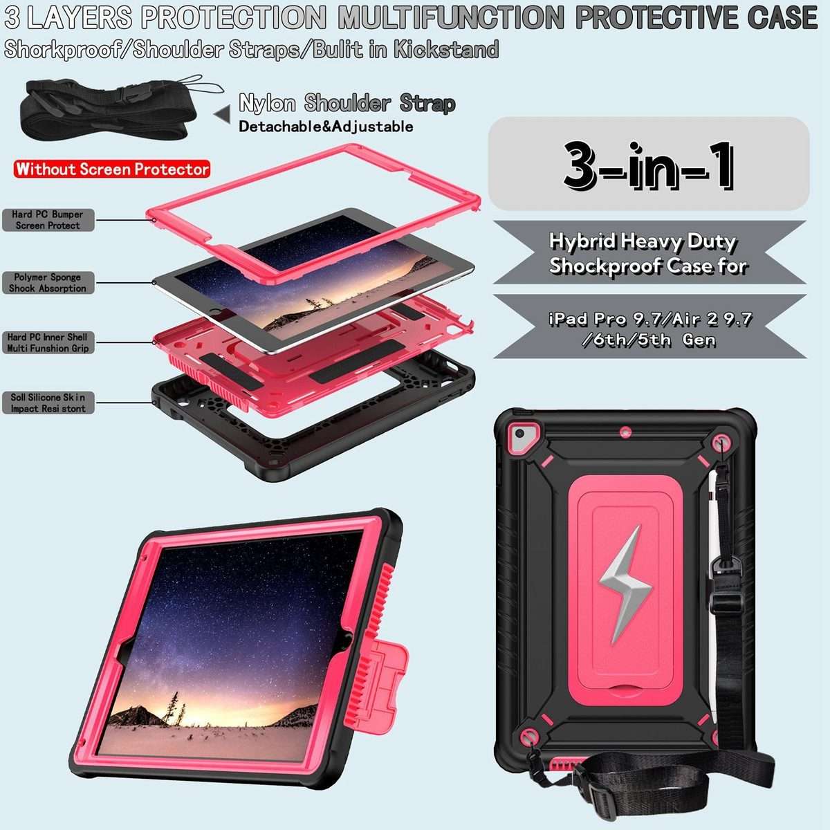 For iPad 9.7 2018 / Air / Air 2 Armor Bolt Shape Holder Silicone Hybrid PC Ta ... (Black Rose Red)