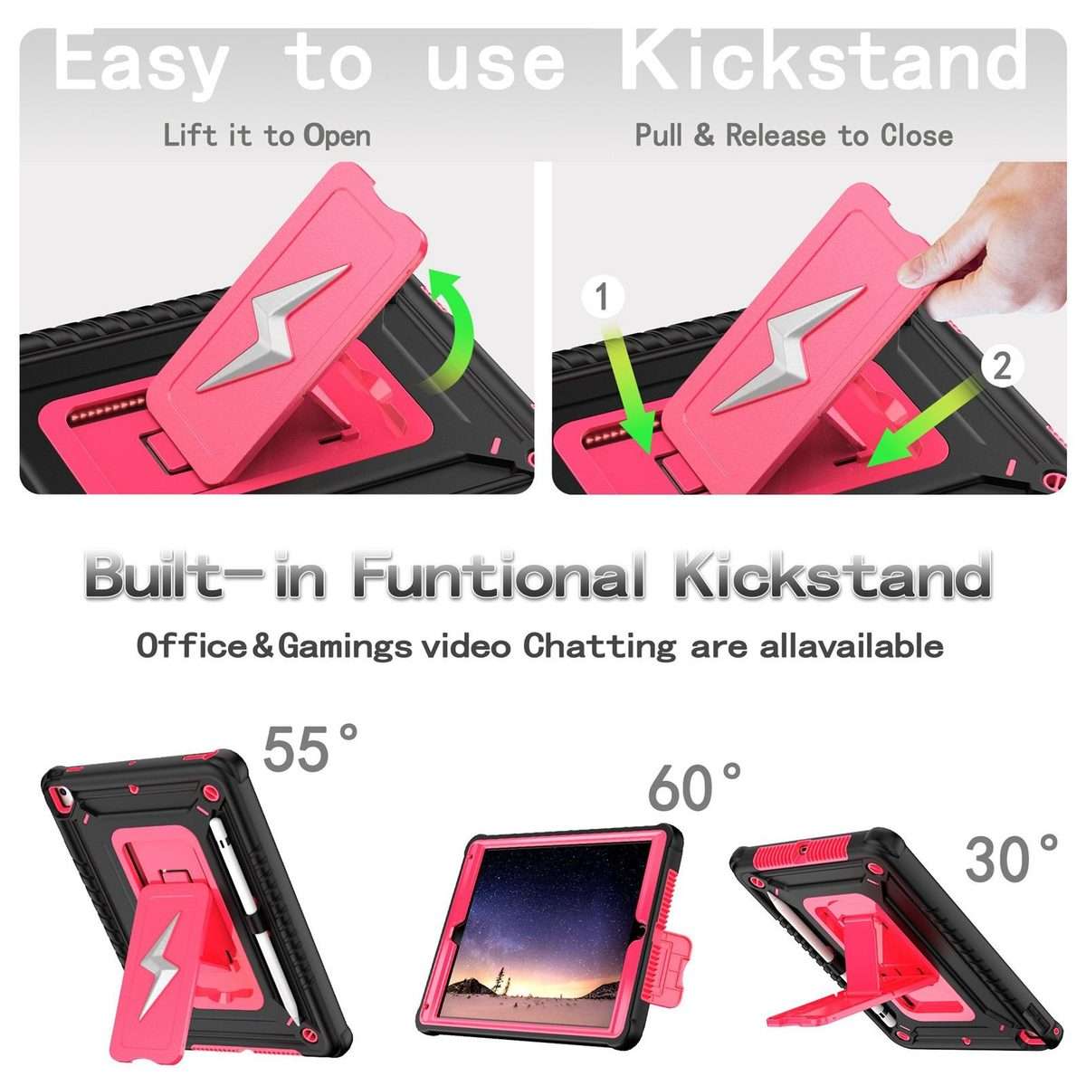 For iPad 9.7 2018 / Air / Air 2 Armor Bolt Shape Holder Silicone Hybrid PC Ta ... (Black Rose Red)