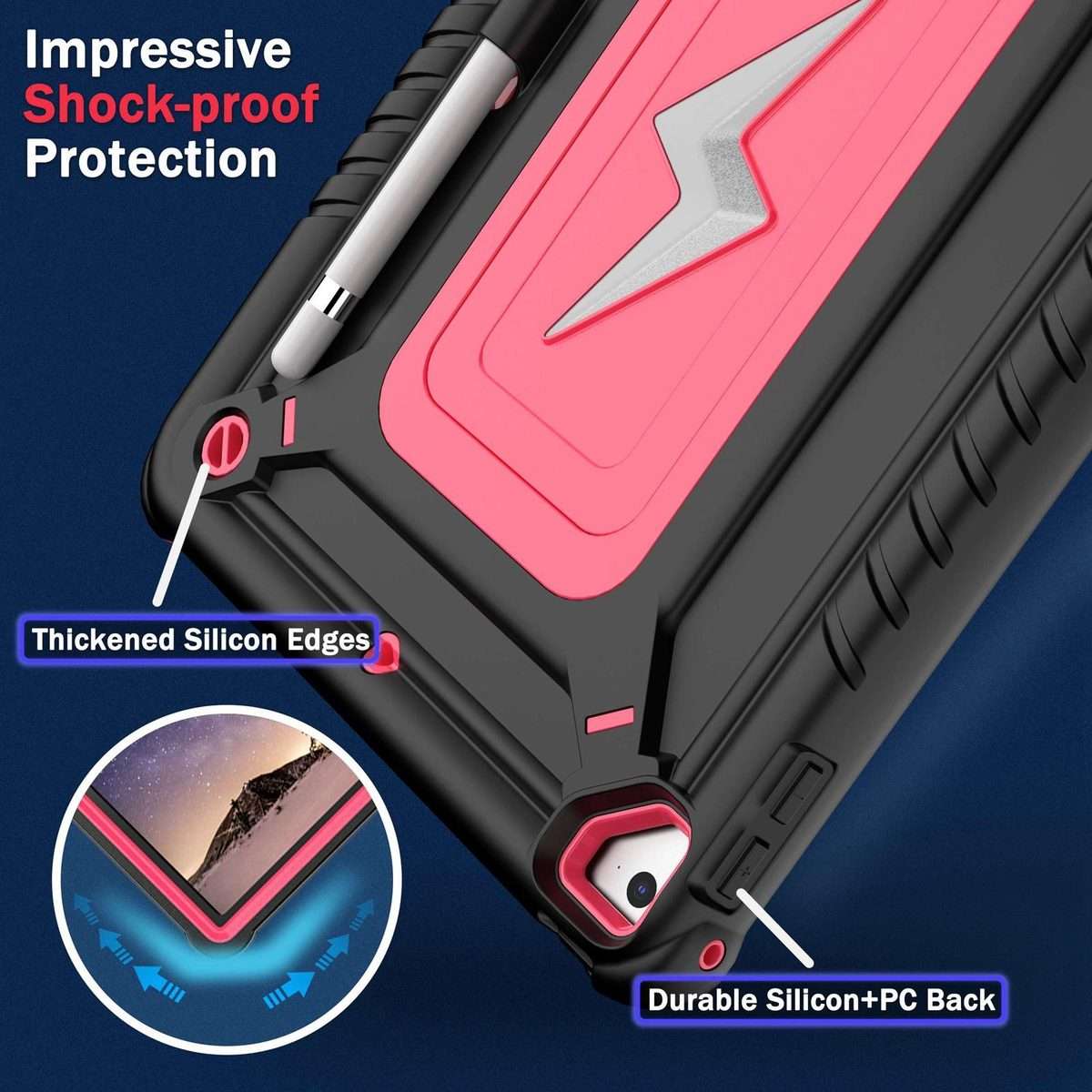 For iPad 9.7 2018 / Air / Air 2 Armor Bolt Shape Holder Silicone Hybrid PC Ta ... (Black Rose Red)