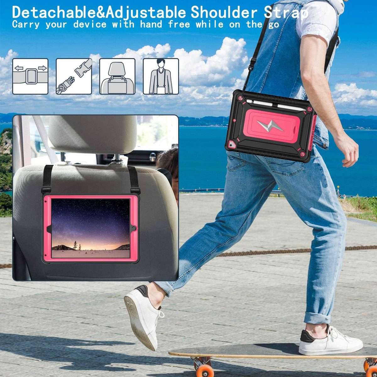 For iPad 9.7 2018 / Air / Air 2 Armor Bolt Shape Holder Silicone Hybrid PC Ta ... (Black Rose Red)