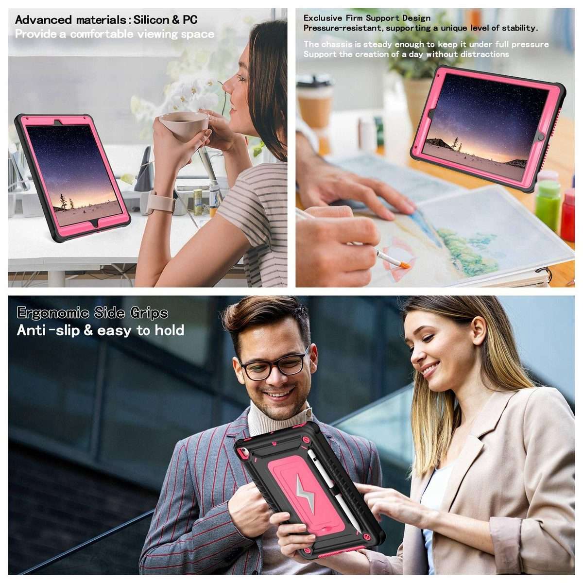 For iPad 9.7 2018 / Air / Air 2 Armor Bolt Shape Holder Silicone Hybrid PC Ta ... (Black Rose Red)