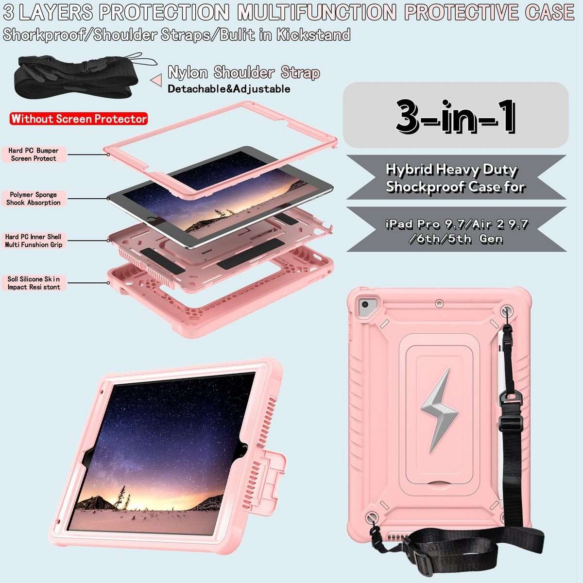 For iPad 9.7 2018 / Air / Air 2 Armor Bolt Shape Holder Silicone Hybrid PC Tablet Case(Rose Gold)