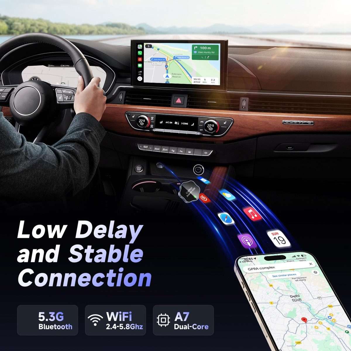 USB Wired to Wireless Car CarPlay Box Adapter, with Type-C Adapter(Black)