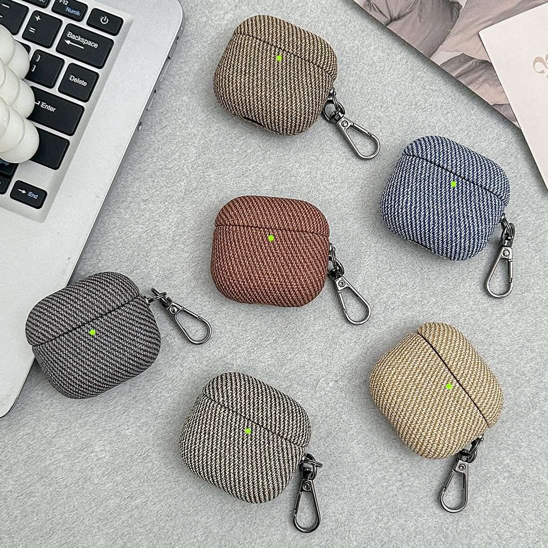 For AirPods Pro 2 Diagonal Striped Leather Bluetooth Earphone Protective Case(Apricot)