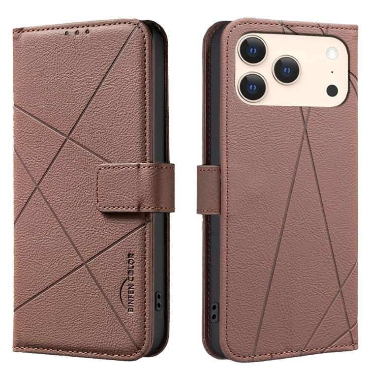 For iPhone 17 Pro Max Geometric Pattern RFID Leather Phone Case(Brown)