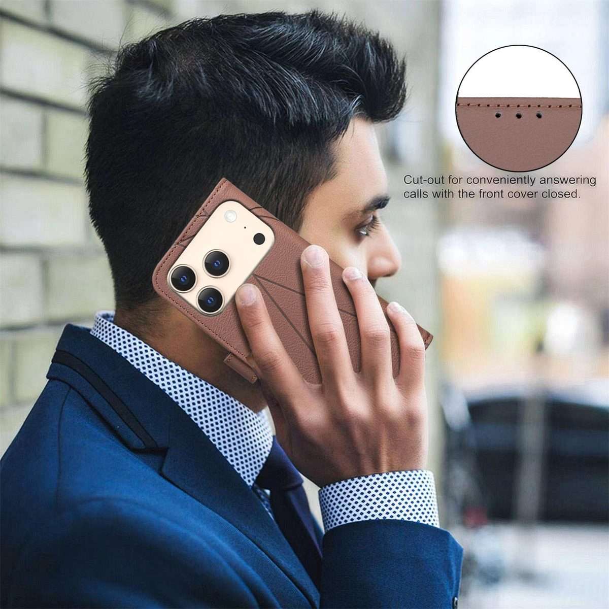 For iPhone 17 Pro Max Geometric Pattern RFID Leather Phone Case(Brown)