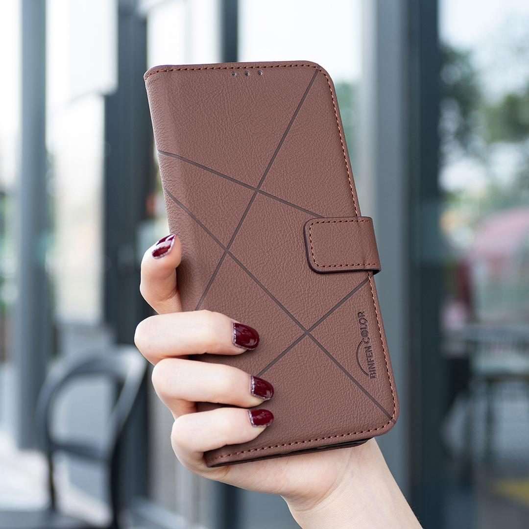 For iPhone 17 Pro Max Geometric Pattern RFID Leather Phone Case(Brown)