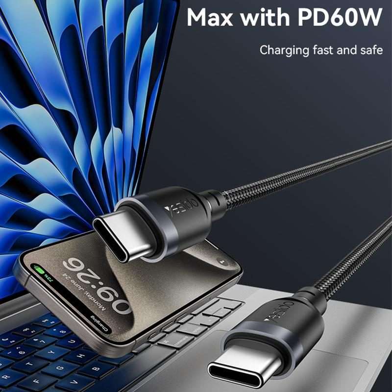 Yesido CA190 60W 3A USB-C / Type-C to Type-C Charging Data Cable, Length:1.2m(Black)