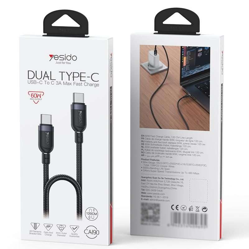 Yesido CA190 60W 3A USB-C / Type-C to Type-C Charging Data Cable, Length:1.2m(Black)