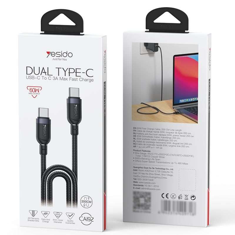 Yesido CA192 60W 3A USB-C / Type-C to Type-C Charging Data Cable, Length:2m(Black)