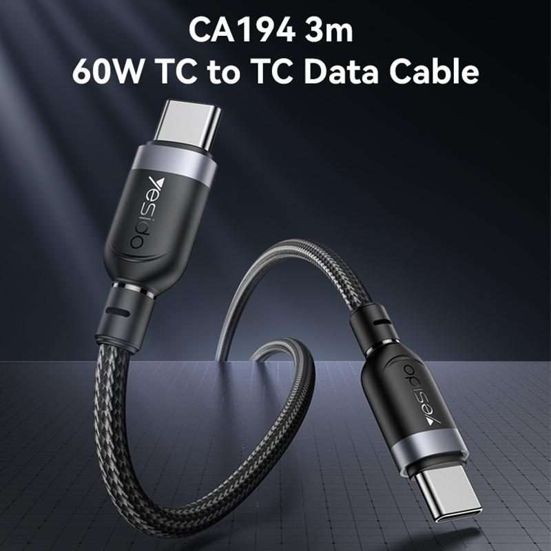 Yesido CA194 60W 3A USB-C / Type-C to Type-C Charging Data Cable, Length:3m(Black)