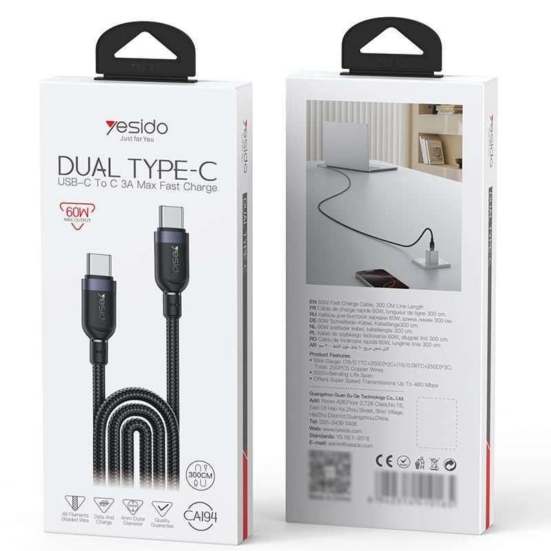 Yesido CA194 60W 3A USB-C / Type-C to Type-C Charging Data Cable, Length:3m(Black)