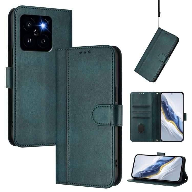 For Xiaomi 14 Pro 5G Line Splicing Buckle Retro Leather Phone Case(Dark Green)
