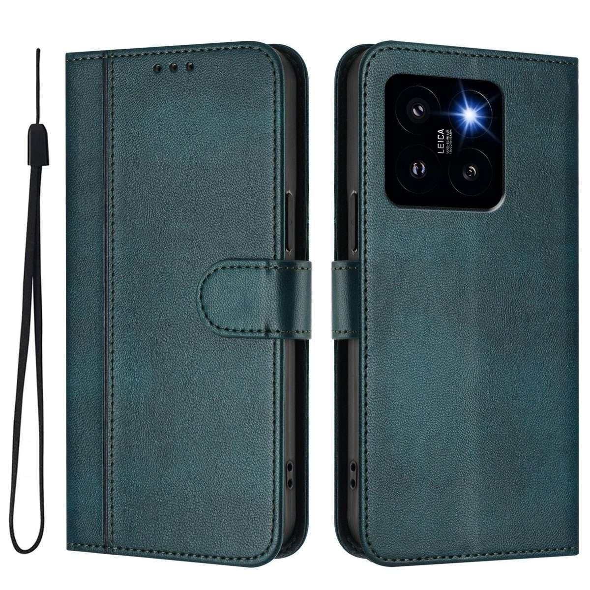 For Xiaomi 14 Pro 5G Line Splicing Buckle Retro Leather Phone Case(Dark Green)
