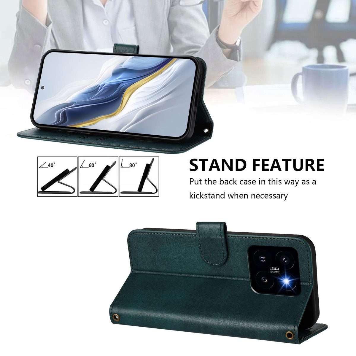 For Xiaomi 14 Pro 5G Line Splicing Buckle Retro Leather Phone Case(Dark Green)
