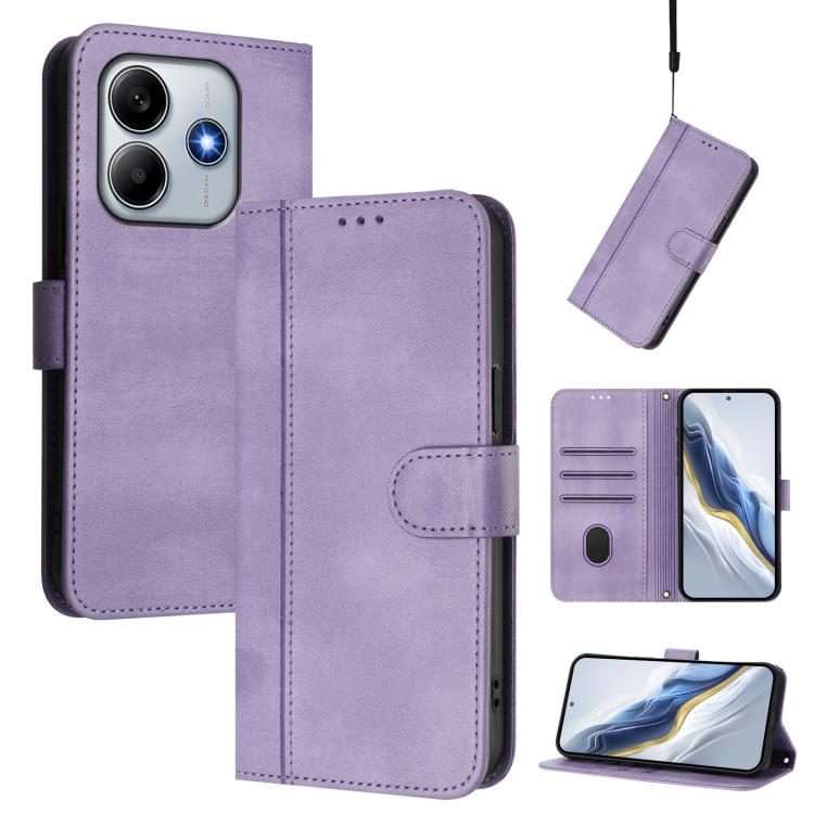 For Xiaomi Poco M7 Pro 5G / Redmi Note 14 5G Line Splicing Buckle Retro Leather Phone Case(Purple)