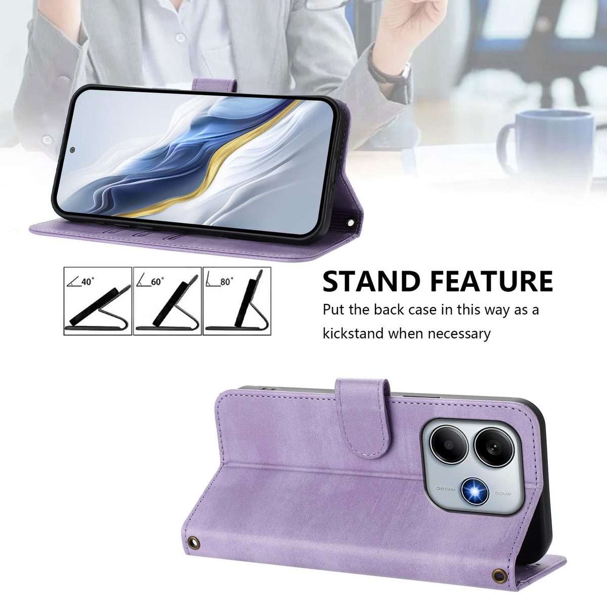 For Xiaomi Poco M7 Pro 5G / Redmi Note 14 5G Line Splicing Buckle Retro Leather Phone Case(Purple)