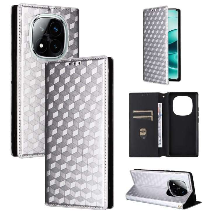 For Redmi Note 14 Pro+ 5G Cubic Grid Texture Flip Leather Phone Case(Silver)