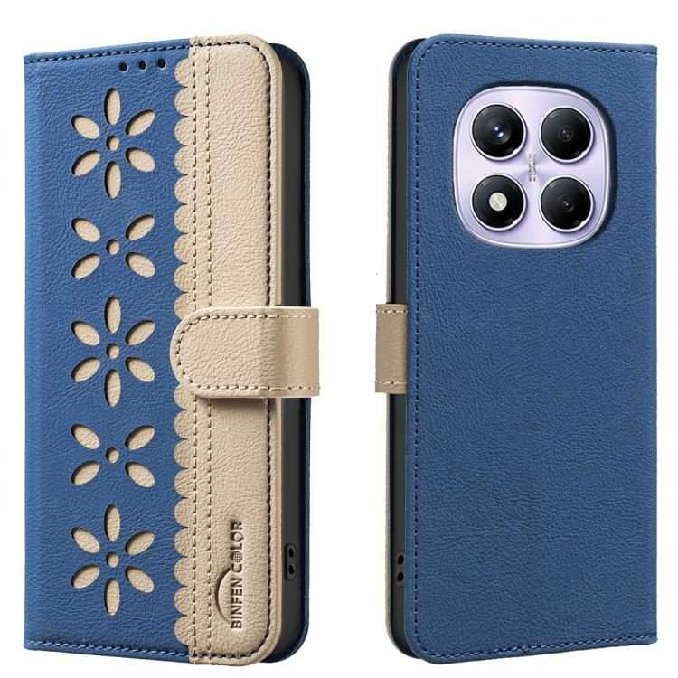 For Redmi Note 14 Pro 4G Splicing Color Hollow Flower Pattern RFID Leather Phone Case(Dark Blue)