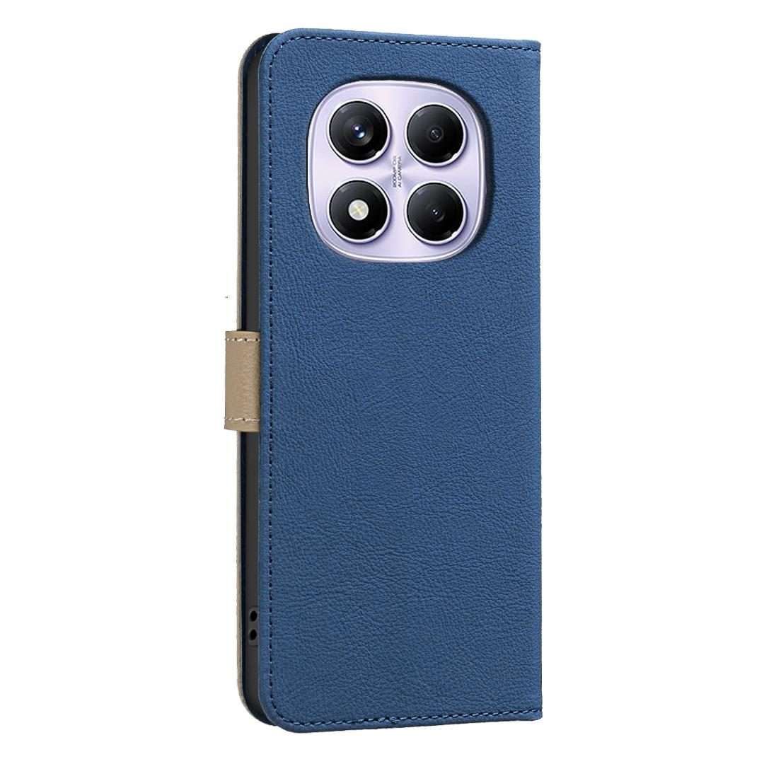 For Redmi Note 14 Pro 4G Splicing Color Hollow Flower Pattern RFID Leather Phone Case(Dark Blue)