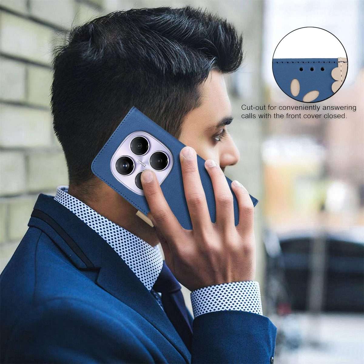For Redmi Note 14 Pro 4G Splicing Color Hollow Flower Pattern RFID Leather Phone Case(Dark Blue)
