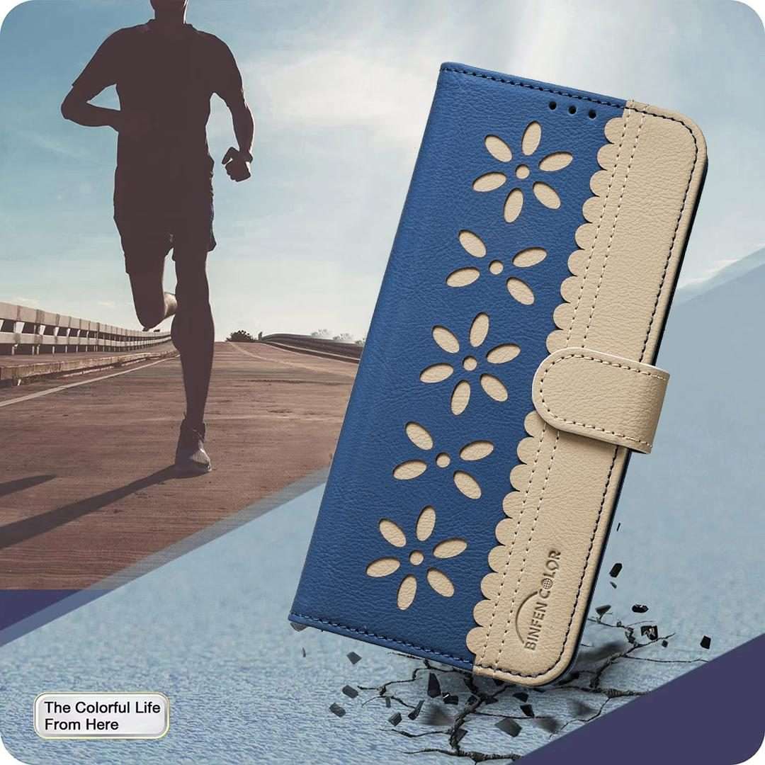 For Redmi Note 14 Pro 4G Splicing Color Hollow Flower Pattern RFID Leather Phone Case(Dark Blue)