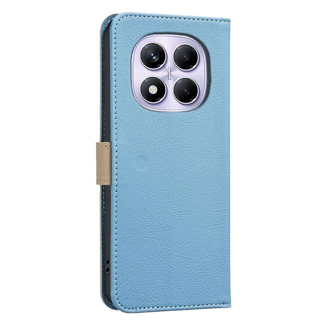 For Redmi Note 14 Pro 4G Splicing Color Hollow Flower Pattern RFID Leather Phone Case(Baby Blue)