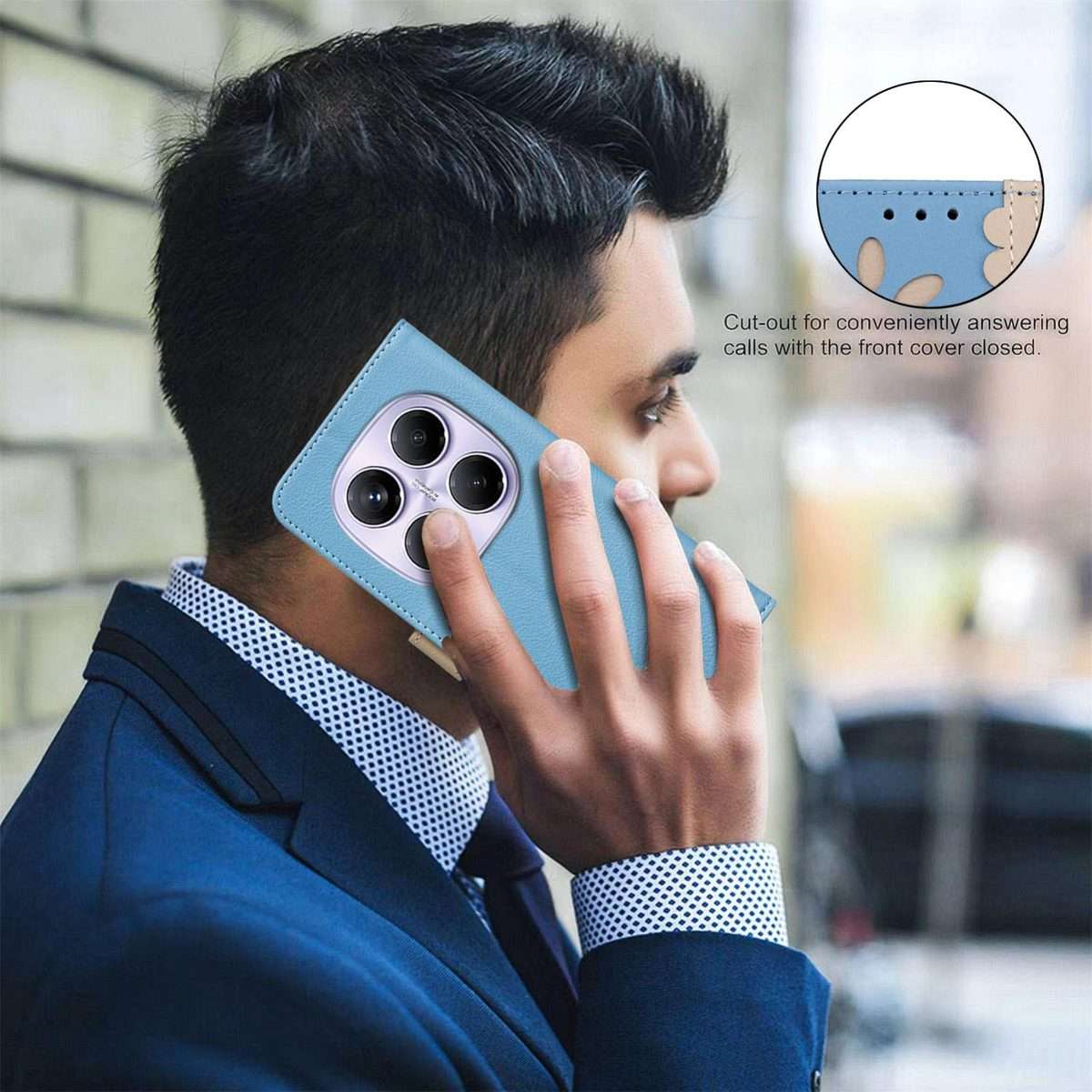 For Redmi Note 14 Pro 4G Splicing Color Hollow Flower Pattern RFID Leather Phone Case(Baby Blue)