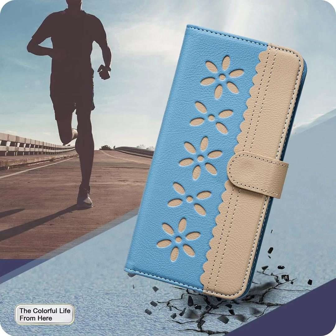 For Redmi Note 14 Pro 4G Splicing Color Hollow Flower Pattern RFID Leather Phone Case(Baby Blue)