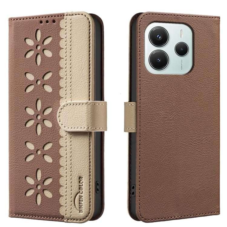 For Redmi Note 14 5G Splicing Color Hollow Flower Pattern RFID Leather Phone Case(Brown)