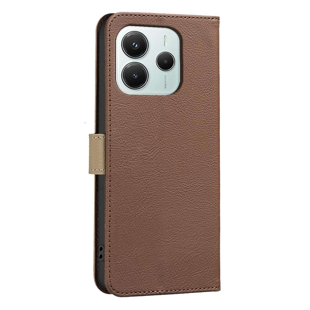 For Redmi Note 14 5G Splicing Color Hollow Flower Pattern RFID Leather Phone Case(Brown)