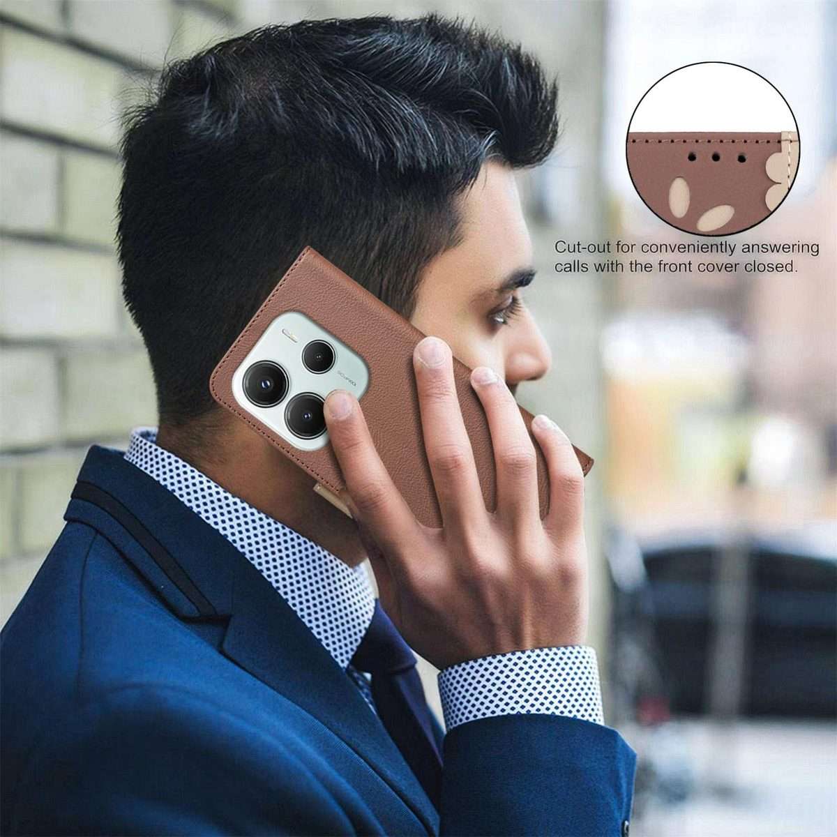 For Redmi Note 14 5G Splicing Color Hollow Flower Pattern RFID Leather Phone Case(Brown)