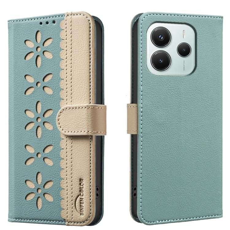 For Redmi Note 14 5G Splicing Color Hollow Flower Pattern RFID Leather Phone Case(Green)