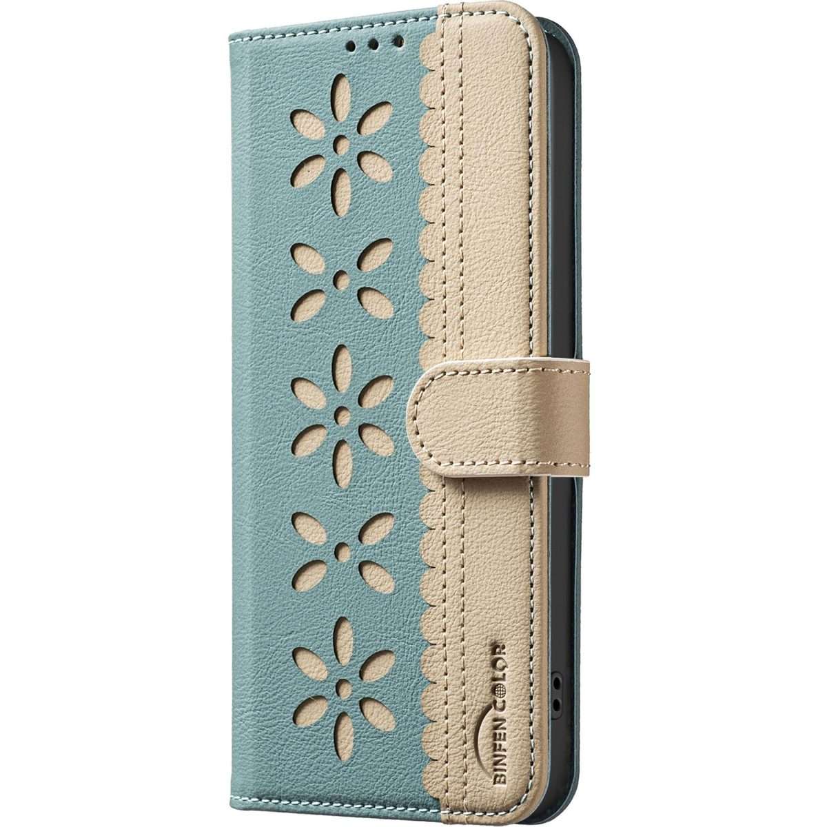 For Redmi Note 14 5G Splicing Color Hollow Flower Pattern RFID Leather Phone Case(Green)