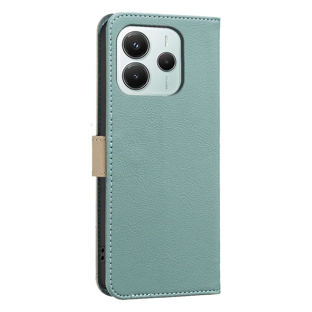 For Redmi Note 14 5G Splicing Color Hollow Flower Pattern RFID Leather Phone Case(Green)
