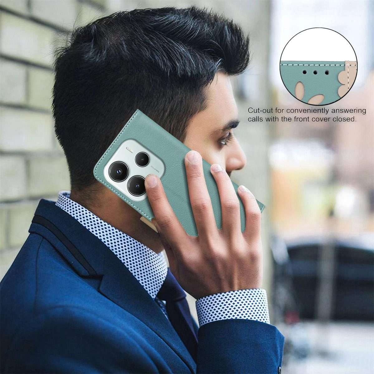 For Redmi Note 14 5G Splicing Color Hollow Flower Pattern RFID Leather Phone Case(Green)