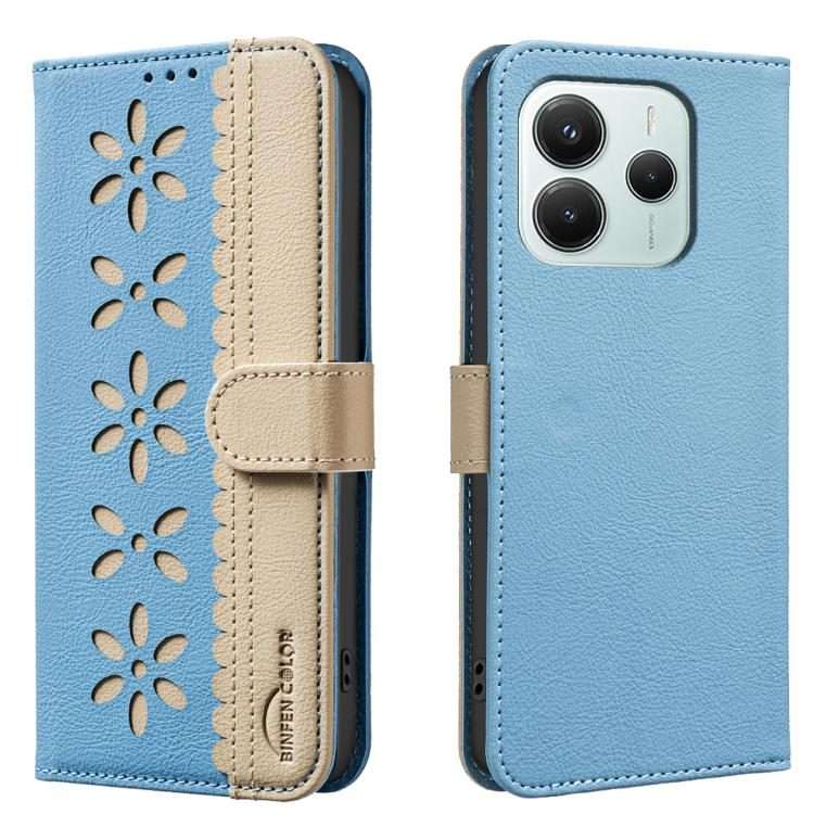 For Redmi Note 14 5G Splicing Color Hollow Flower Pattern RFID Leather Phone Case(Baby Blue)