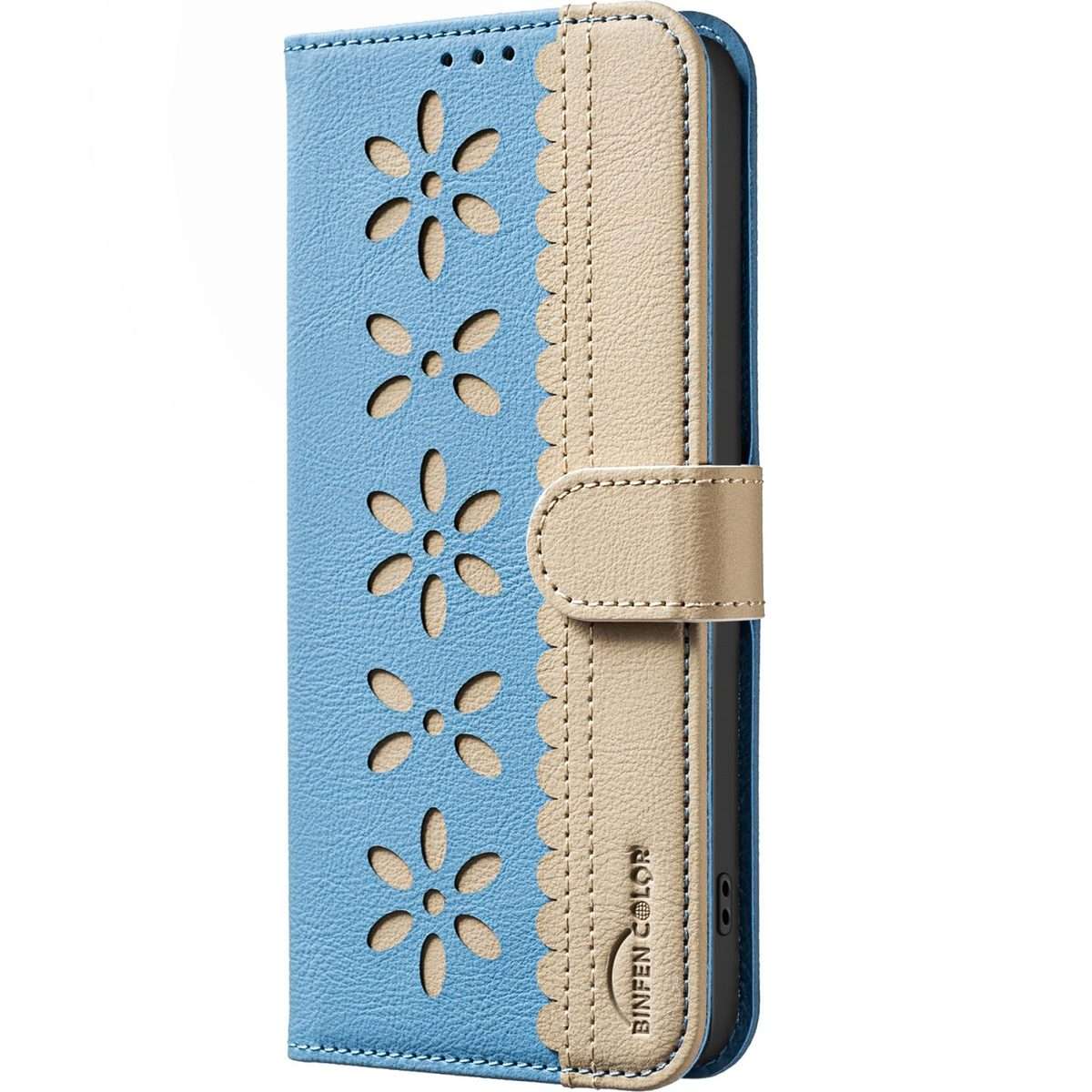 For Redmi Note 14 5G Splicing Color Hollow Flower Pattern RFID Leather Phone Case(Baby Blue)